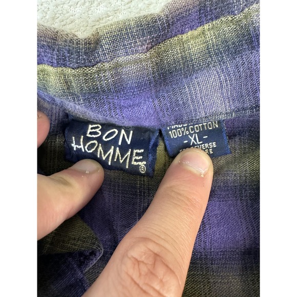Bon Homme Sleeveless Shirt Mens XL Purple Green Plaid Button Up Grunge 90s Style - Picture 2 of 4